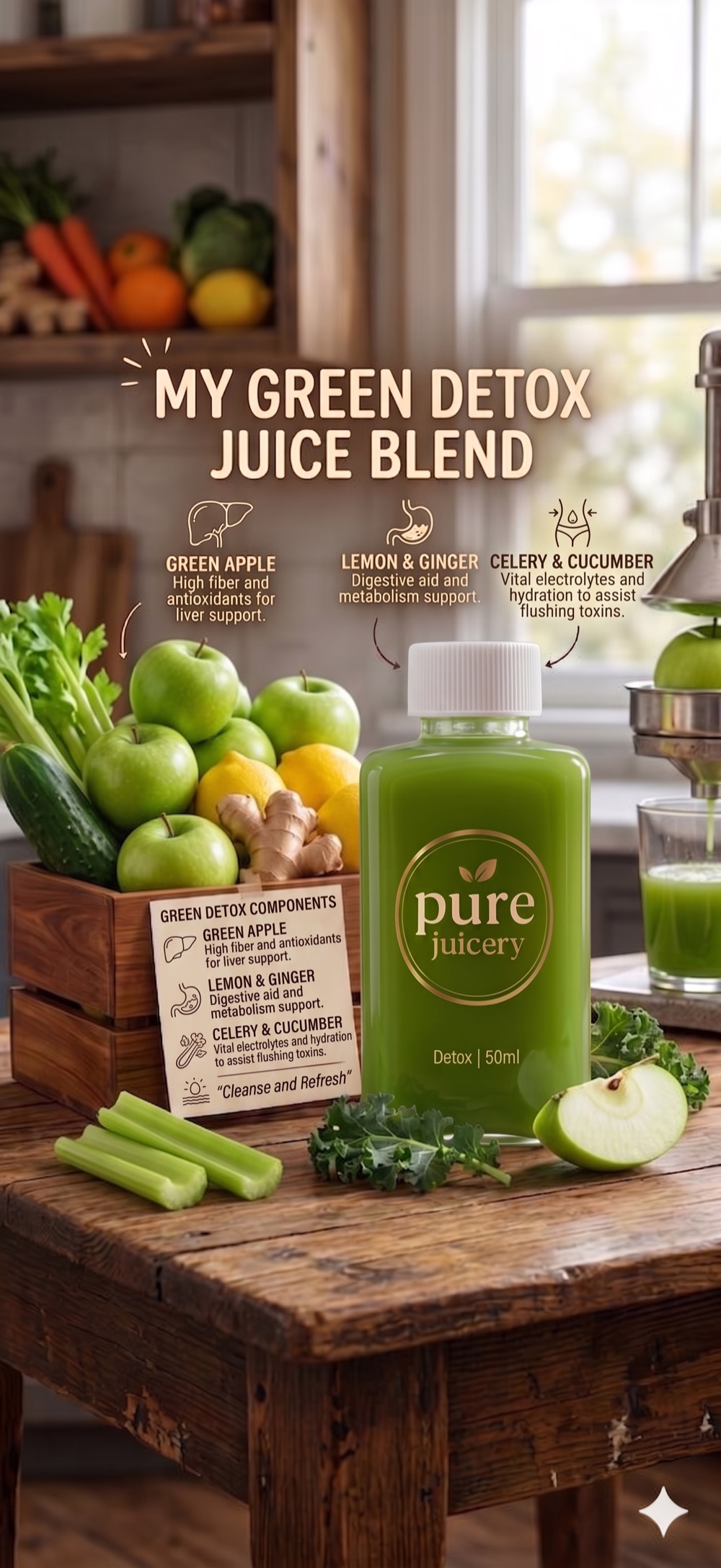 purejuicery Green Detox blend — green apple, celery, cucumber, lemon and ginger