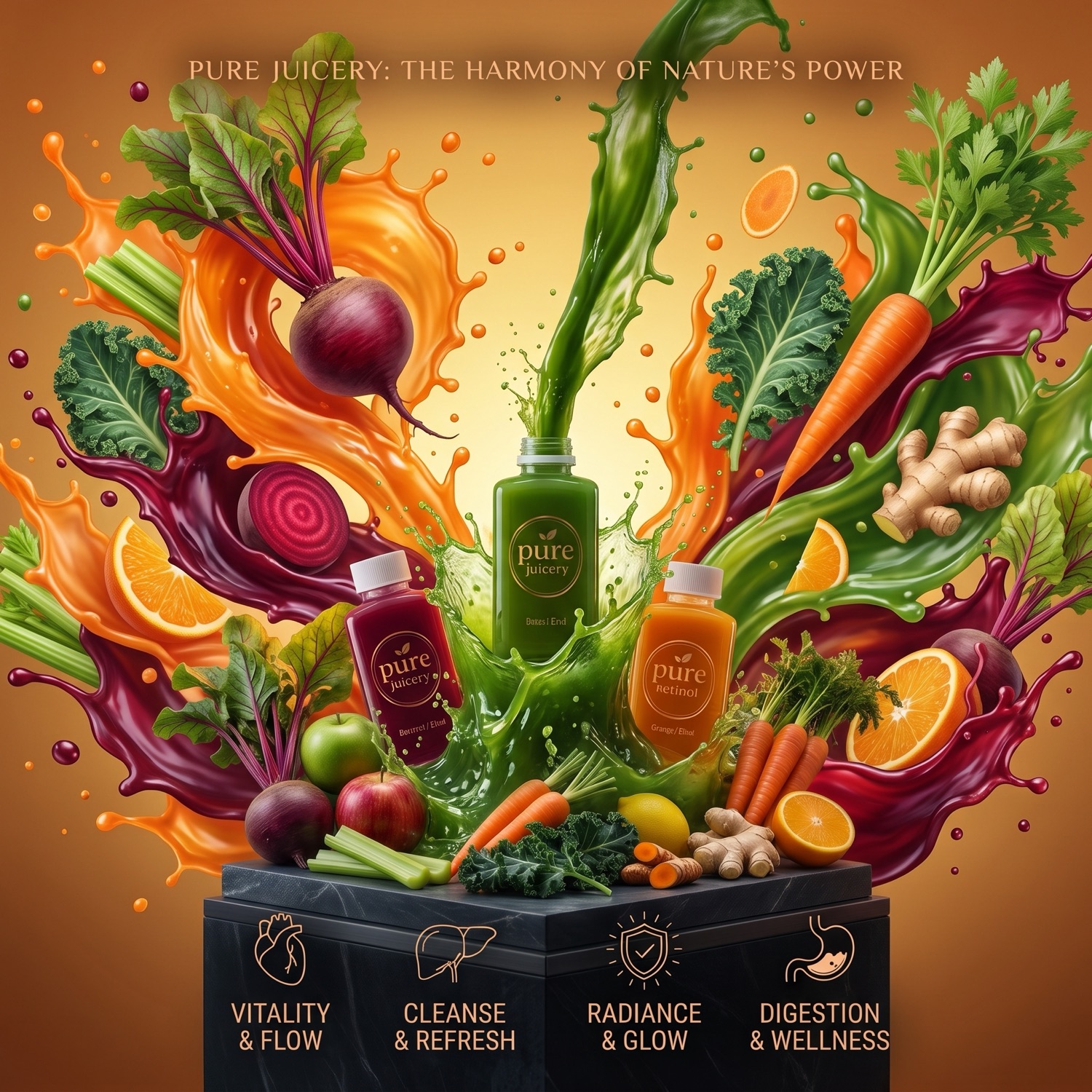 A burst of fresh fruit and vegetables around three purejuicery bottles — the harmony of nature's power